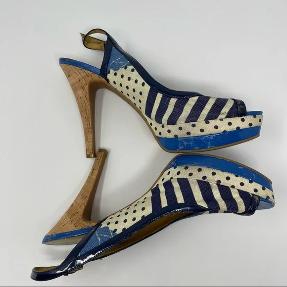 Nine West Blue Patterned Cork Heel Slingback Peep Toe Pumps Size 10 - Picture 7 of 8